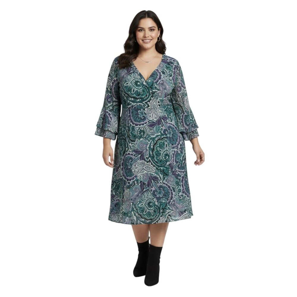 Roz & Ali Purple Green Midi Dress 1XL Butterfly Sleeves